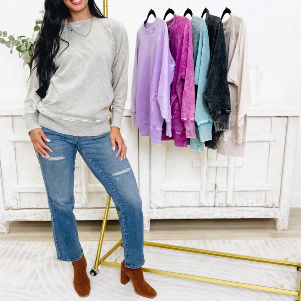 New Zenana Acid Washed French Terry Pullover With Pockets in Sleet Sz Medium